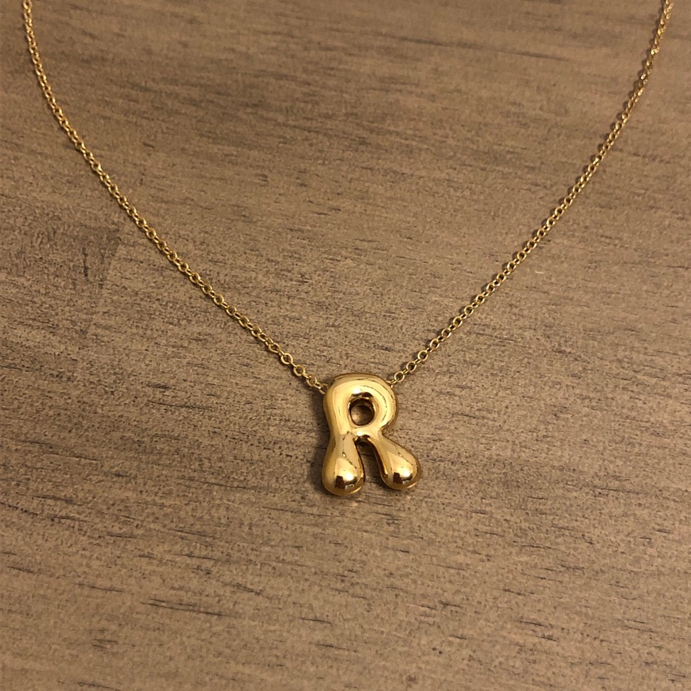 Gold Tone Bubble Letter R Initial Necklace - Pendant Is 18K Gold Plated